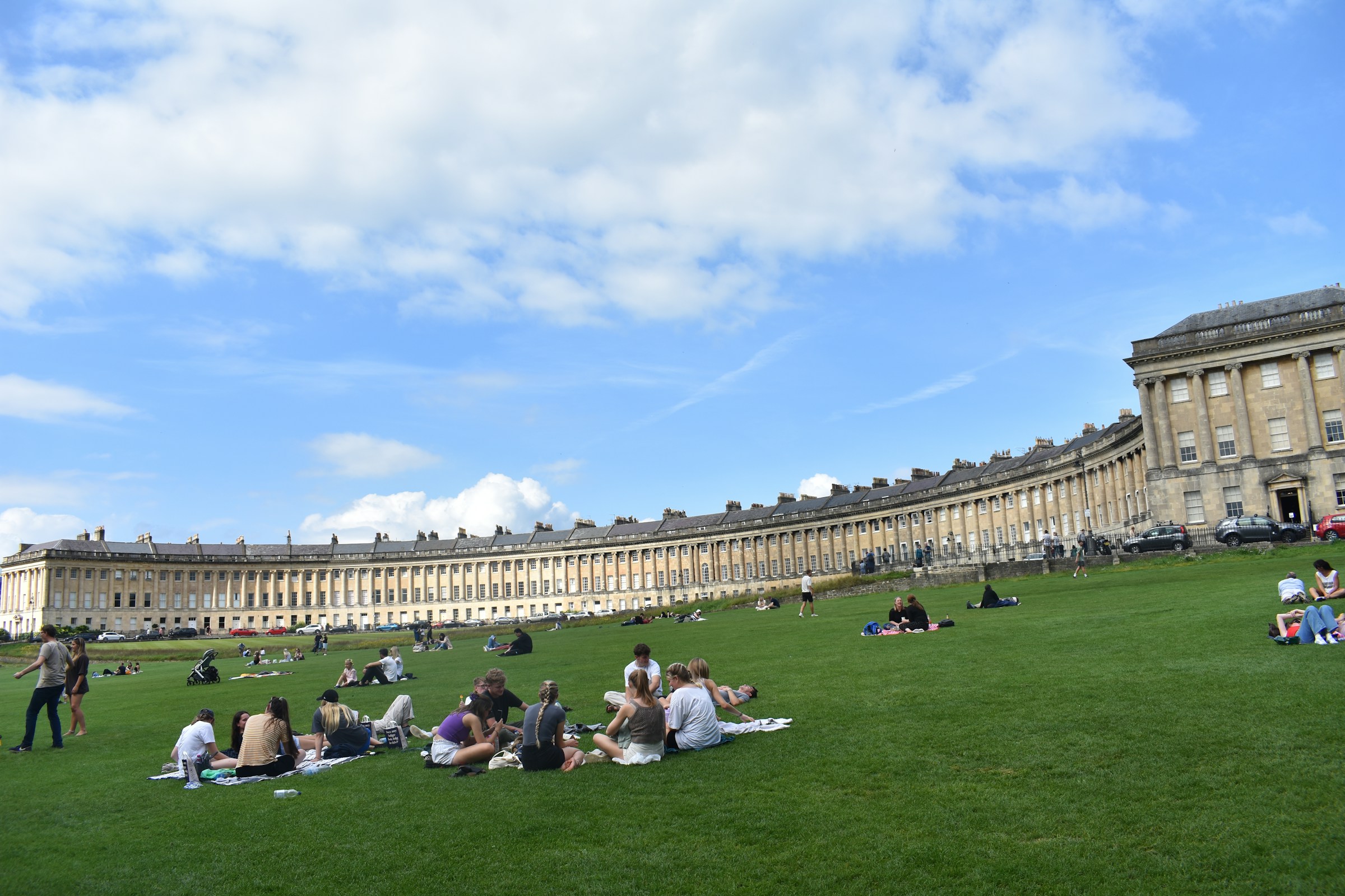 The Royal Crescent in Bath, viewed across the lawn